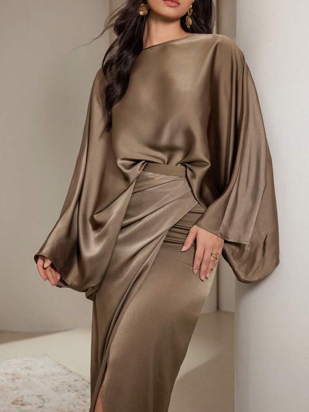 Luxe Brown 2 piece batwing sleeve and maxi skirt set